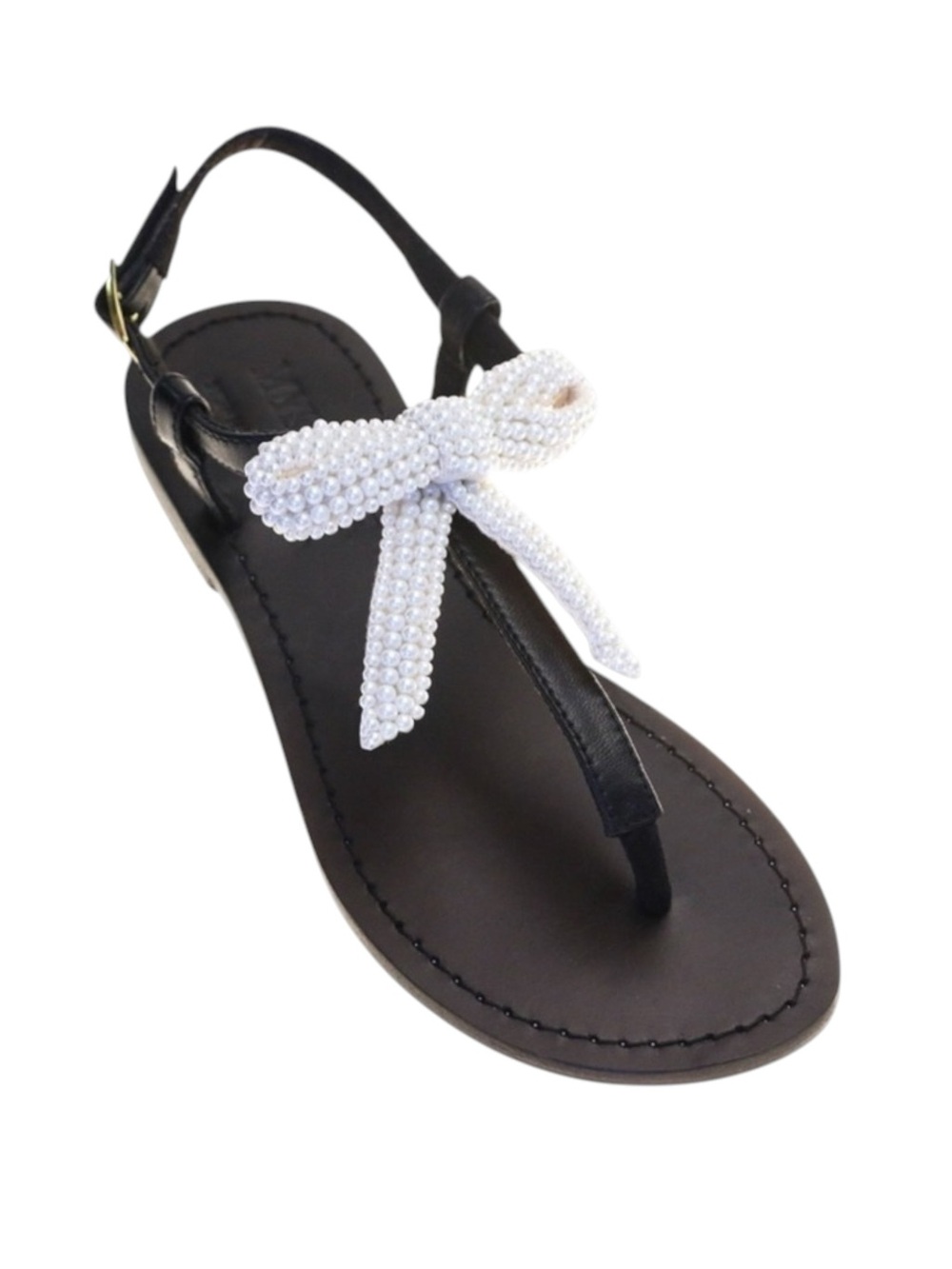 Mystique x Stephanie Gottlieb 𞠬 Liza Pearl Bow Flat Sandals 𞠬 Black Leather 𞠬 - Picture 2 of 16